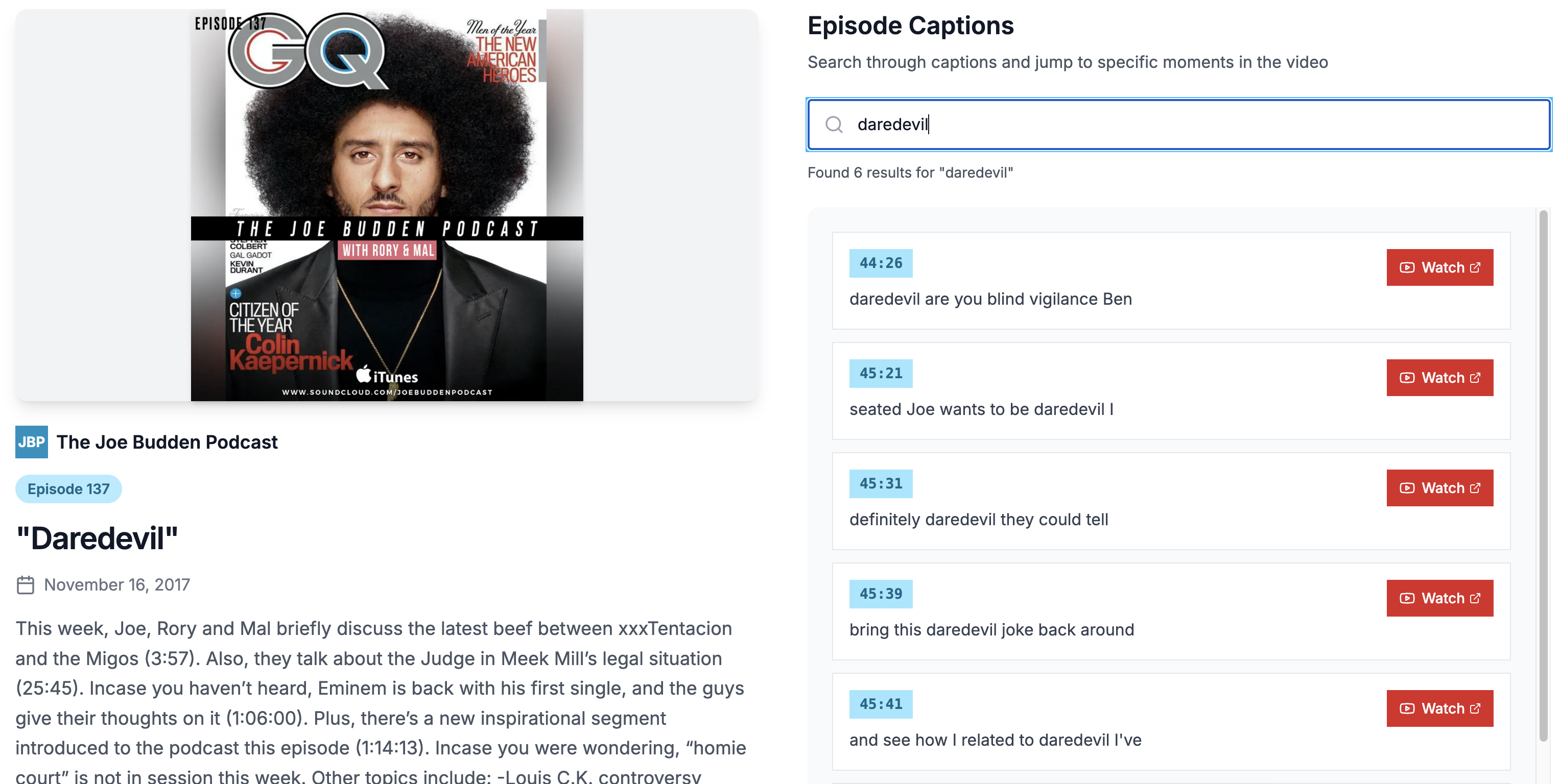 JBN App - Episode detail page with search functionality